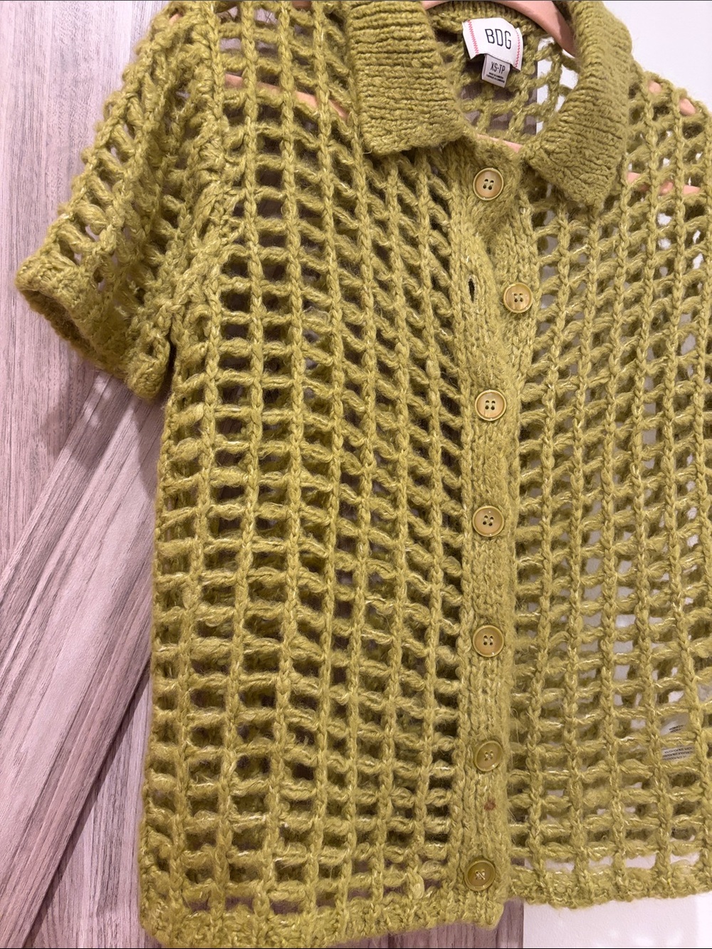 BDG Olive Green Open-Knit Button Front Short Sleeve Cardigan - Picture 2 of 2